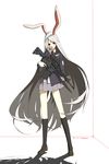  alternate_hair_color animal_ears assault_rifle black_legwear blazer bunny_ears gun highres jacket kneehighs legs long_hair m4_carbine mitsusaka_mitsumi necktie red_eyes reisen_udongein_inaba rifle scope silver_hair socks solo touhou very_long_hair weapon 