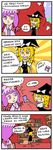  4koma :&lt; bad_id bag blonde_hair book bow card comic crescent finnish hat hat_bow holding holding_card kirisame_marisa library multiple_girls patchouli_knowledge purple_eyes purple_hair setz sweat touhou translated voile witch_hat yellow_eyes |_| 