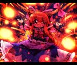  ayakashi_(monkeypanch) blush_stickers bow chain cuffs danmaku fang hair_bow highres horn_ribbon horns ibuki_suika letterboxed long_hair one_eye_closed orange_hair outstretched_arms red_eyes ribbon smile solo spread_arms star touhou 