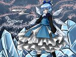  bandaid black_legwear blue_dress blue_eyes blue_hair bow cirno dress gloves grin hair_bow ice kitayuki_kajika long_sleeves scarf short_hair smile socks solo standing touhou wallpaper wings yousei_daisensou 