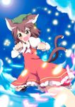  animal_ears brown_eyes brown_hair cat_ears cat_tail chen danmaku day earrings fang hat jewelry massala multiple_tails paw_pose short_hair sky solo tail touhou 