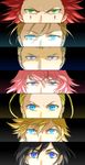  5boys axel_(kingdom_hearts) bad_id bad_pixiv_id black_hair blonde_hair blue_eyes close-up demyx ear_piercing green_eyes highres kingdom_hearts kingdom_hearts_358/2_days kingdom_hearts_ii larxene luxord marluxia multiple_boys multiple_girls okitsune_(okitsune-sama) parody persona persona_eyes piercing pink_hair red_hair roxas xion_(kingdom_hearts) 