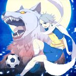  ahoge animal ball blue_eyes clothes_writing fubuki_shirou inazuma_eleven inazuma_eleven_(series) male_focus mami_(apsaras) moon scarf soccer_uniform solo sportswear white_hair wolf 