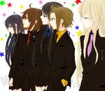  ahoge akiyama_mio black_eyes black_hair blonde_hair blue_hair brown_eyes brown_hair closed_eyes formal gogono_pan'ya hand_in_pocket hirasawa_yui k-on! kotobuki_tsumugi long_hair multiple_girls nakano_azusa necktie pant_suit pantyhose profile short_hair skirt skirt_suit smile star suit sunglasses tainaka_ritsu twintails 