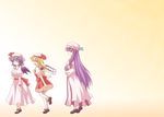  blonde_hair blue_hair book closed_eyes crescent flandre_scarlet happy hat long_hair multiple_girls nagana_sayui patchouli_knowledge profile purple_eyes purple_hair remilia_scarlet short_hair touhou walking wings 