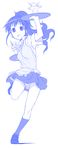  blue dual_wielding himura_kiseki holding legs long_hair monochrome ponytail solo standing standing_on_one_leg taneshima_popura tray working!! 