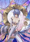  blue_hair breasts brown_eyes cuboon elbow_gloves eyepatch gloves head_wings highres large_breasts lilith_(lord_of_vermilion) long_legs long_toenails lord_of_vermilion pointy_ears short_hair solo thighhighs toenails toes white_legwear 