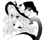  animal_ears blush cat_ears cat_tail greyscale hat kemonomimi_mode kirisame_marisa licking_lips long_hair monochrome naughty_face shinonome_ryuu solo tail tongue tongue_out touhou witch_hat 