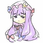  :&lt; blush_stickers book bow chibi crescent hat izumi_sai long_hair lowres patchouli_knowledge purple_eyes purple_hair reading solo source_request touhou very_long_hair 