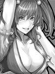  absurdres arm_up bad_id bad_pixiv_id breasts cleavage greyscale grin hair_bobbles hair_ornament highres large_breasts monochrome onozuka_komachi short_hair smile solo tenjiku_nezumi touhou two_side_up 