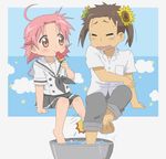  1girl barefoot basin brown_eyes brown_hair flower food josephine-843 kogami_akira lucky_star pink_hair popsicle shiraishi_minoru short_hair sitting soaking_feet sunflower tears twintails water watermelon_bar 