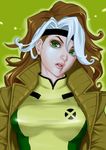  bodysuit brown_hair green_bodysuit green_eyes marvel multicolored multicolored_bodysuit multicolored_clothes multicolored_hair rogue_(x-men) sakakibara_mizuki solo two-tone_hair white_hair x-men yellow_bodysuit 