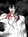  alucard_(hellsing) bad_id bad_pixiv_id black_hair cross greyscale hellsing jewelry kurobe_sclock long_hair male_focus monochrome necklace open_clothes open_shirt ribbon shirt solo spot_color 