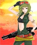  alternate_costume bad_id bad_pixiv_id bandeau bandolier belt bokura_no_16bit_warz_(vocaloid) bra breasts center_opening cleavage detached_sleeves gloves goggles goggles_on_head green_eyes green_hair gumi gun hand_on_hip lingerie loose_belt medium_breasts midriff military military_uniform navel roku_(hikokeng) short_hair shotgun smile solo spas-12 strapless tubetop underwear uniform unzipped vocaloid weapon 