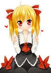  adapted_costume alternate_hairstyle bad_id bad_pixiv_id blonde_hair bow face hair_bow hands heart jigatei_(omijin) looking_at_viewer red_eyes rumia short_hair simple_background solo touhou 