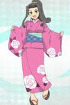  black_hair fuurin_kingyou green_eyes japanese_clothes kimono long_hair pink_kimono sakura_taisen sandals soletta_orihime solo yukata 