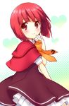  akai_ringo_(ookami-san) bangs blunt_bangs bob_cut capelet dress face halftone halftone_background highres ookami-san red_eyes red_hair short_hair smile solo usashiro_mani 