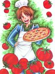  apron axis_powers_hetalia brown_eyes brown_hair chef_hat csiguli flag food hat holding_pizza italian_flag male_focus necktie northern_italy_(hetalia) one_eye_closed pizza solo tomato toque_blanche 