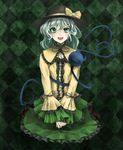  adapted_costume argyle argyle_background bad_id bad_pixiv_id checkered checkered_background eyes frills gathers green_eyes hat hat_ribbon high_heels isegawa_yasutaka komeiji_koishi multicolored multicolored_eyes open_mouth ribbon shoes short_hair sitting skirt smile solo touhou v_arms wide_sleeves 