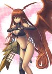 bra brown_eyes brown_hair cuboon demon_girl demon_tail demon_wings elbow_gloves gloves head_wings heart heart_hands lingerie long_hair lord_of_vermilion navel one_eye_closed panties pointy_ears smile solo stitches succubus succubus_(lord_of_vermilion) tail underwear wings 