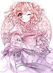  bad_id bad_pixiv_id bandages bun_cover cheong_ha double_bun ff_gradient flower graphite_(medium) ibaraki_kasen looking_at_viewer mixed_media monochrome one_eye_closed rose smile solo steepled_fingers tabard touhou traditional_media 