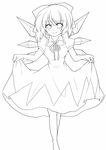  barefoot bow cirno greyscale kurosu_rino lineart monochrome short_hair solo touhou 