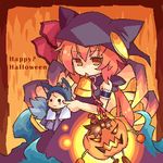  1girl fiery_background fire halloween happy_halloween jack-o'-lantern lowres orange_background pote_(ptkan) pumpkin ren_(sekaiju) sekaiju_no_meikyuu tlachtga 