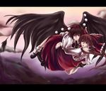  bad_id bad_pixiv_id black_hair bow brown_hair carrying cloud detached_sleeves feathers hair_bow hakurei_reimu hat mary_janes multiple_girls orange_yanagi princess_carry red_eyes ribbon sarashi shameimaru_aya shoes tokin_hat touhou wings 