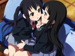  akiyama_mio black_hair blazer blue_eyes blush brown_eyes couple holding_hands imminent_kiss jacket k-on! multiple_girls nakano_azusa neck_ribbon red_ribbon ribbon sameha_ikuya school_uniform smile yuri 