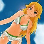  :q ahoge bikini blonde_hair breasts cleavage cloud day from_below green_eyes hoshii_miki idolmaster idolmaster_(classic) leaning_forward lens_flare long_hair medium_breasts minato_kazumi navel sky solo swimsuit tongue tongue_out 