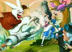  1girl action alice_(wonderland) alice_in_wonderland battle blonde_hair bunny cat cheshire_cat cuson dress forest hair_ribbon laughing long_hair mad_hatter monocle mushroom nature open_mouth pantyhose pocket_watch ribbon rocket rocket_launcher smoke stairs tree watch weapon white_rabbit 