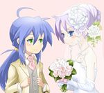  :3 ahoge alternate_hairstyle bare_shoulders blue_eyes blue_hair blush bouquet bridal_gauntlets couple dorinko dress elbow_gloves eye_contact flower gloves green_eyes hair_flower hair_ornament happy hiiragi_kagami izumi_konata jewelry looking_at_another lucky_star mole mole_under_eye multiple_girls necklace necktie pearl_necklace ponytail purple_hair ring simple_background smile tuxedo veil wedding wedding_dress wife_and_wife yuri 
