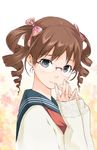  bad_id bad_pixiv_id blue_eyes bow brown_hair derivative_work drill_hair face glasses hair_bow hands hands_together highres looking_at_viewer maeda_risou original own_hands_together school_uniform serafuku sleeves_past_wrists smile solo steepled_fingers sweater twin_drills twintails upper_body 