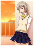  bad_id bad_pixiv_id blue_eyes blush brown_hair headphones highres kyouno_rhythmy plaid plaid_skirt pleated_skirt rooftop school_uniform shira-nyoro short_hair skirt solo sunset sweater_vest tokimeki_memorial tokimeki_memorial_4 