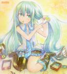  aqua_eyes aqua_hair bad_id bad_pixiv_id bare_shoulders boots hair_brush hair_down hairdressing hatsune_miku long_hair mayo_riyo mouth_hold necktie open_clothes open_shirt shirt sitting solo spring_onion sweat sweatdrop thigh_boots thighhighs traditional_media vocaloid wariza younger 