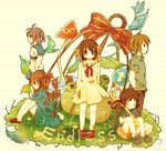  3girls asahina_mikuru casual endless_eight kanamori_mao key kita_high_school_uniform koizumi_itsuki kyon leaf multiple_boys multiple_girls nagato_yuki school_uniform serafuku sign suzumiya_haruhi suzumiya_haruhi_no_yuuutsu 