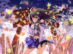  bad_id bad_pixiv_id detached_sleeves green_eyes green_hair kochiya_sanae leaf long_hair meropan midriff solo torii touhou wince wind 