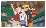  2girls blonde_hair couple green_eyes haruno_sakura hetero hyuuga_hinata kiss multiple_girls naruto_(series) naruto_shippuuden pink_hair purple_hair satokochaaan smile uzumaki_naruto v victory 