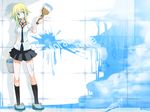  bad_proportions goggles goggles_around_neck green_eyes green_hair gumi highres legs necktie paint paintbrush short_hair skirt smile solo tansuke trim_brush vocaloid 