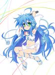  :3 ahoge alternate_costume ankle_lace-up blue_hair cross-laced_footwear detached_sleeves flat_chest green_eyes izumi_konata long_hair lucky_star microphone mole mole_under_eye sandals solo tyke very_long_hair 