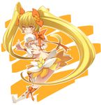  blonde_hair boots bow cure_sunshine hair_ribbon heartcatch_precure! highres knee_boots long_hair magical_girl myoudouin_itsuki orange_(color) orange_background orange_bow orange_skirt panties precure ribbon skirt solo super_zombie twintails underwear very_long_hair wrist_cuffs yellow_eyes yellow_panties 