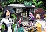  akizuki_tomoe bicycle bike_jersey bike_shorts black_hair blue_eyes brown_hair fingerless_gloves glasses gloves ground_vehicle hair_ornament hair_ribbon hairpin higa_natsumi kamakura_(city) kamikura_fuyune maiharu_hiromi matsumoto_noriyuki minami-kamakura_koukou_joshi_jitensha-bu mori_shiki multiple_girls official_art power_lines real_world_location ribbon sandy_mcdougal train_station tree 