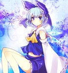  bare_shoulders blue blue_eyes blue_hair bow cirno cosplay detached_sleeves hair_bow hakurei_reimu hakurei_reimu_(cosplay) kohaku. large_bow midriff navel sitting solo touhou wings 