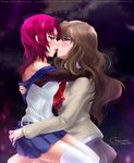  brown_hair couple fujino_shizuru green_eyes lips long_hair multiple_girls my-hime pleated_skirt red_eyes red_hair school_uniform skirt tears thighhighs tida_kietsungden yuri yuuki_nao zettai_ryouiki 