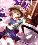  alcohol blonde_hair bottle cherry_blossoms dutch_angle frog grin hair_ribbon hat moriya_suwako ribbon sake short_hair sky smile solo stone_lantern thighhighs tori_rui touhou zettai_ryouiki 