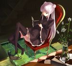  alternate_costume alternate_hairstyle black_cat black_dress black_legwear book cat chair dark double_bun dress expressionless flower full_body grass high_heels knee_up lavender_hair long_hair patchouli_knowledge reading rose shoes single_shoe sitting solo thighhighs touhou twintails vase white_flower white_rose yasumo_(kuusouorbital) zettai_ryouiki 