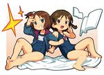  abukawa bad_id bad_pixiv_id barefoot blue_eyes blush braid brown_eyes brown_hair child extra feet grin jacket jacket_over_swimsuit locked_arms mitsudomoe multiple_girls name_tag om_(nk2007) one-piece_swimsuit school_swimsuit shiku_(mitsudomoe) short_hair side_ponytail smile soles swimsuit twin_braids v 