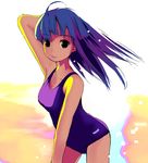  blue_hair doru_(dorumentaiko) long_hair one-piece_swimsuit original purple_eyes school_swimsuit solo swimsuit 
