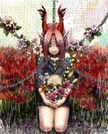  chain chained closed_eyes collar facial_mark flower highres horns kneeling original pink_hair pointy_ears skull solo spider_lily yuuzuki_rairaku 