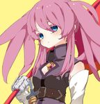  axe bare_shoulders belt blue_eyes child colored_eyelashes elbow_gloves eyelashes gauntlets gloves holding holding_axe jewelry knife pink_hair presea_combatir shoochuu solo tales_of_(series) tales_of_symphonia twintails weapon yellow_background 